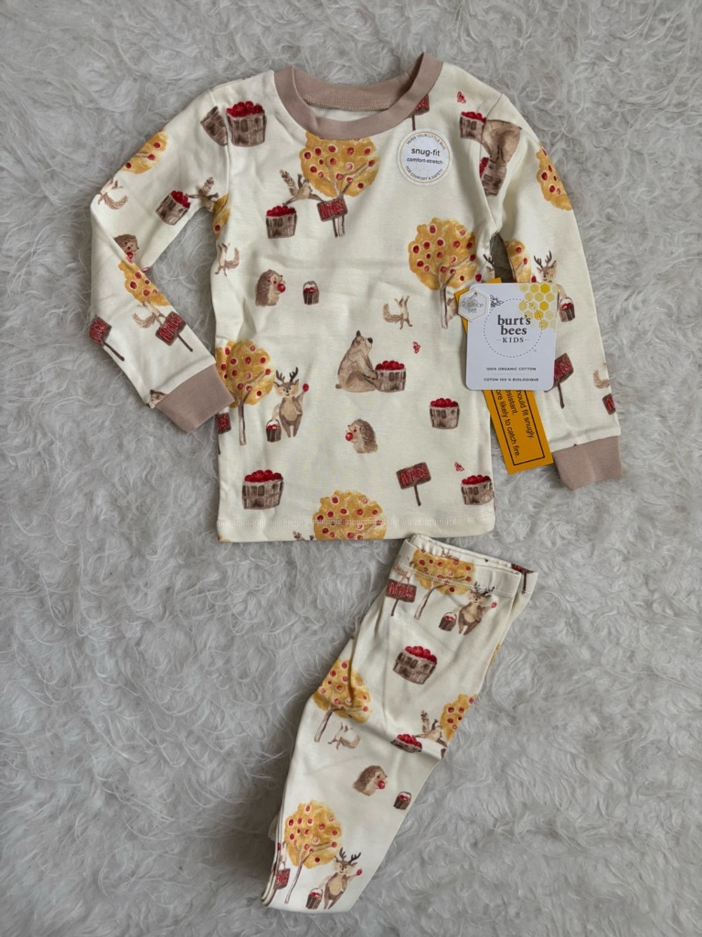 Burt's Bees NWT Cream Woodland Apple AOP Pajama Set with Brown Trim